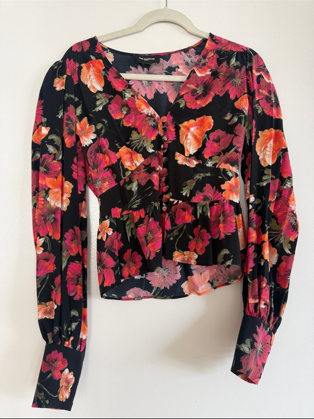 The Kooples Black Blouse with Pink and Orange Floral Print